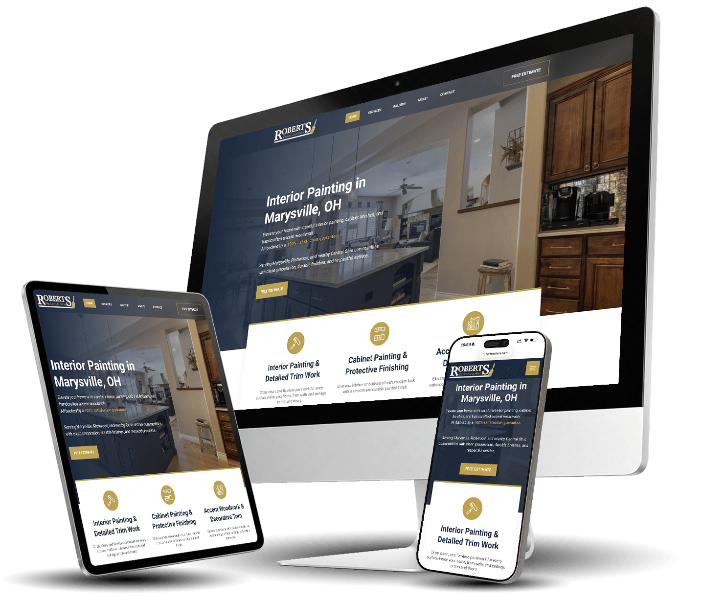 Mockup of a Union Web Designs client website shown on a desktop monitor, tablet and phone