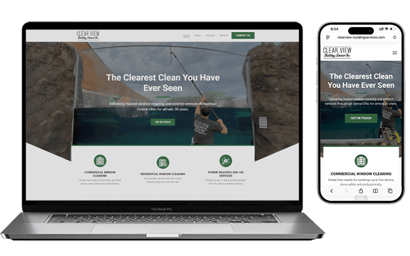 Website mockup for Clear View Building Services shown on a laptop and a phone