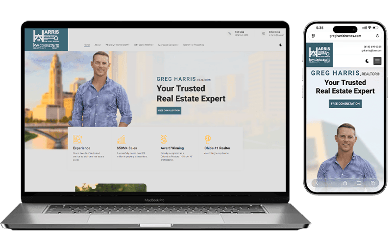Website mockup for Greg Harris Homes shown on a laptop and a phone