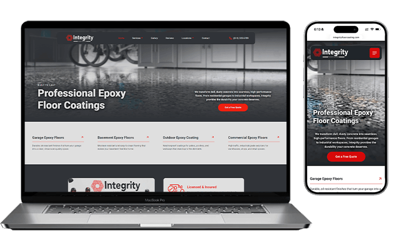 Website mockup for Integrity Floor Coating shown on a laptop and a phone