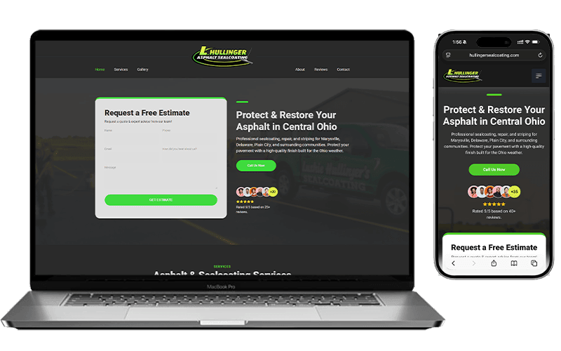 Website mockup for Hullinger Sealcoating shown on a laptop and a phone