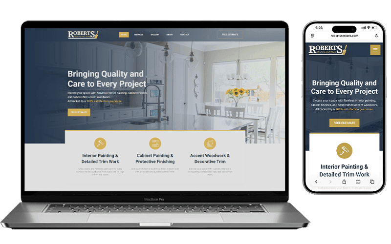Website mockup for Roberts Restore & More shown on a laptop and a phone
