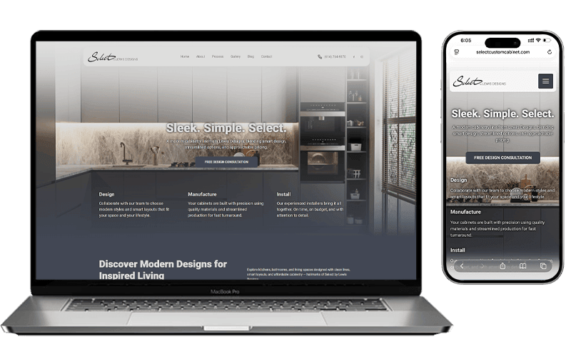 Website mockup for Select by Lewis Designs shown on a laptop and a phone