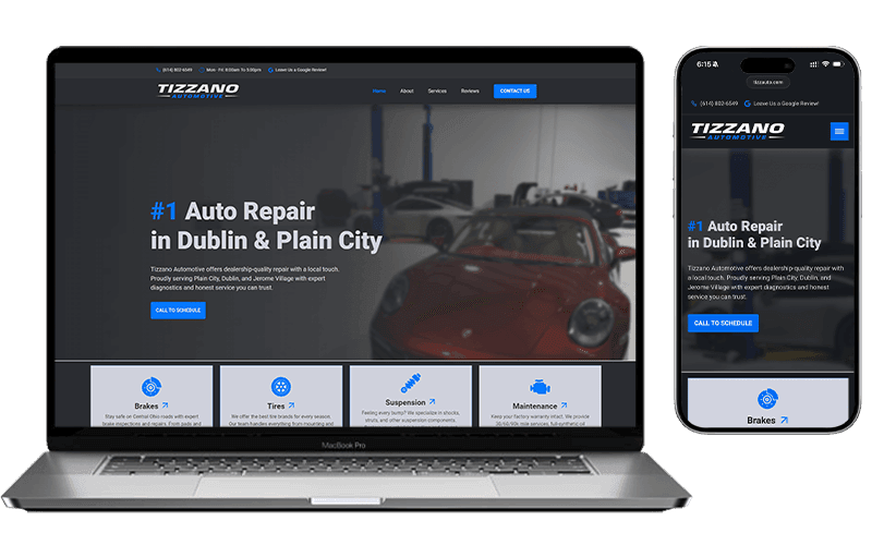 Website mockup for Tizzano Automotive shown on a laptop and a phone