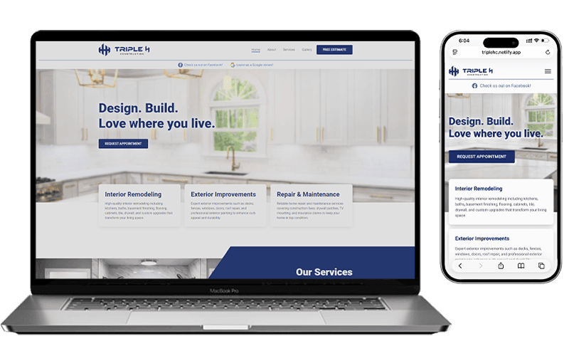 Website mockup for Triple H Construction shown on a laptop and a phone