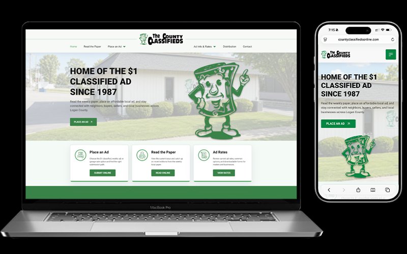 Website mockup for The County Classifieds